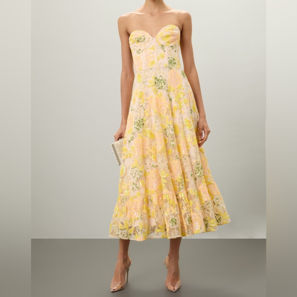 Dress the Population Strapless Carina Dress Corset Top Sequin Appliqué Midi